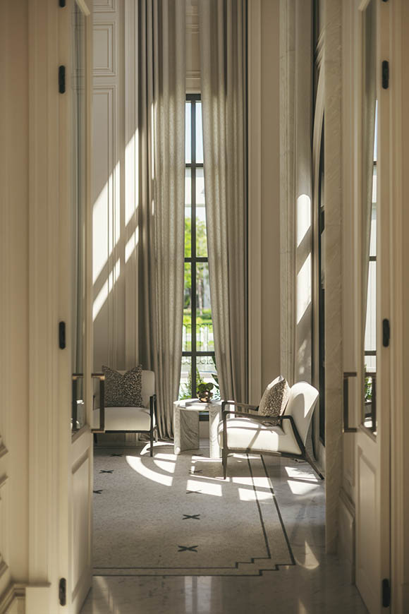 RH furnishings in a Regency Revival interior at Narasiri Boromrachachonnani, Bangkok