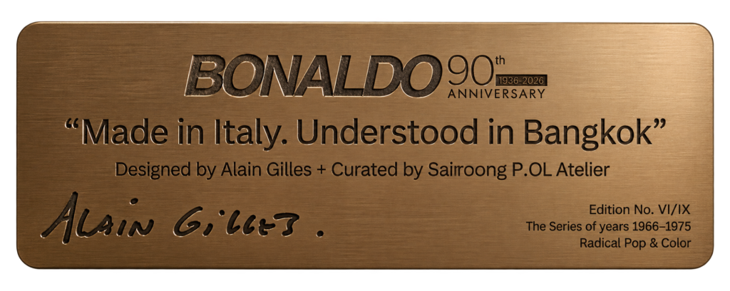 Solid brass plaque, Edition No. VI/IX - The Series of Years 1966–1975, Radical Pop & Color, Bonaldo Cross Lounge Chair by Alain Gilles