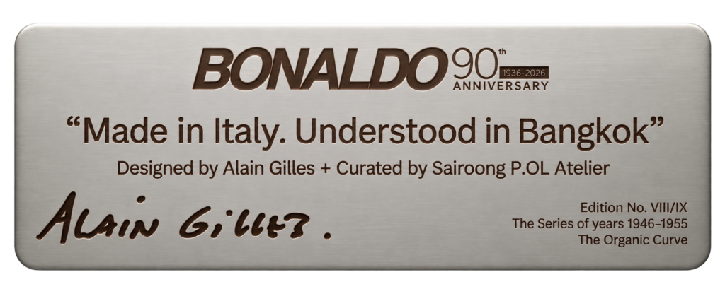 Solid brass plaque, Edition No. VIII/IX - The Series of Years 1946–1955, The Organic Curve, Bonaldo Cross Lounge Chair by Alain Gilles