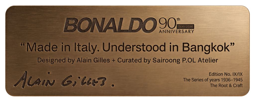 Solid brass plaque, Edition No. IX/IX - The Series of Years 1936–1945, The Root & Craft, Bonaldo Cross Lounge Chair by Alain Gilles