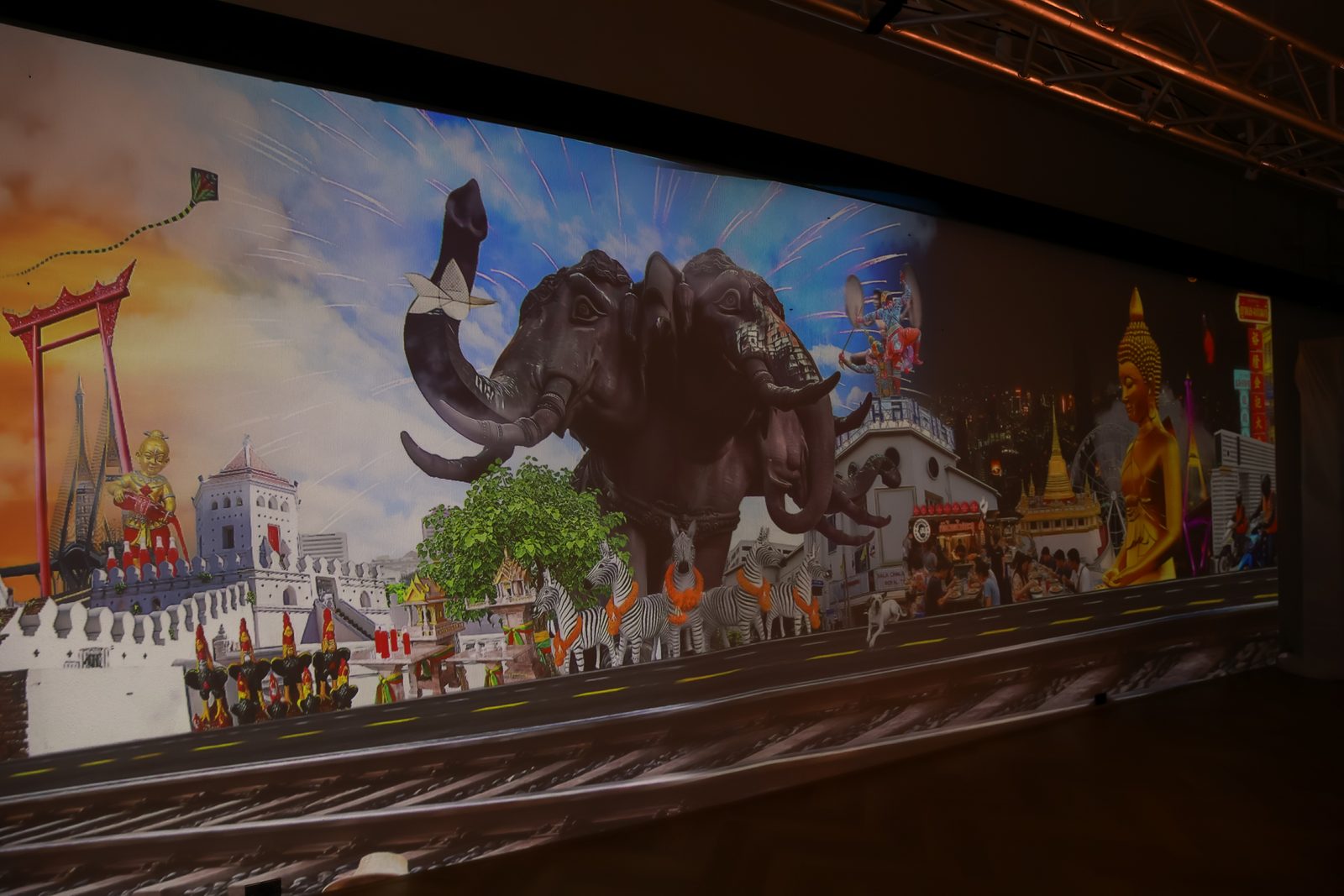 Projection mapping of Bangkok across the wall at The Legacy of Motion, with an elephant, the Giant Swing and temples, Bonaldo Space by OL Atelier, Bangkok